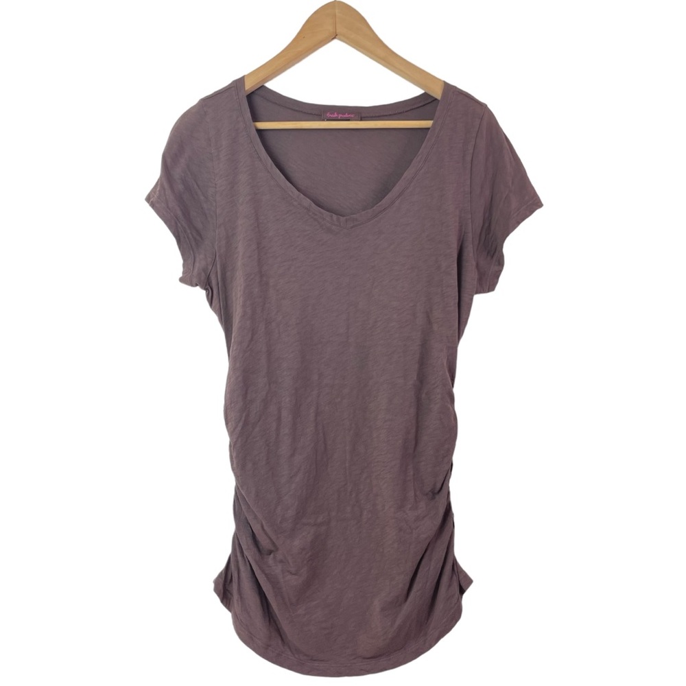 Fresh Produce Ruched Sides V-Neck Short Sleeve Slub Cotton Tee Shirt Size Large